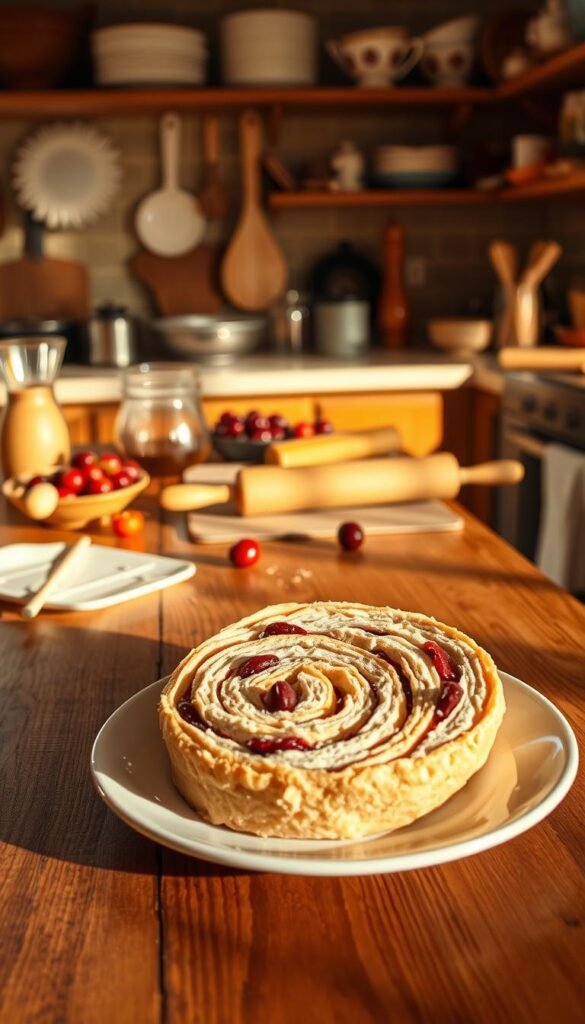 Warm, golden-hued kitchen scene with a rustic wood table in the foreground. On the table, a plate showcasing a freshly prepared turkey and cranberry pinwheel, its spiral layers neatly arranged and beckoning. Soft natural lighting filters in from the side, casting gentle shadows and highlighting the appetizing details of the pinwheel. In the middle ground, various cooking utensils, ingredients, and a rolling pin suggest the step-by-step process of making this delectable dish. The background is slightly blurred, hinting at a cozy, homey atmosphere suitable for the step-by-step guide to this classic recipe. Warm, golden-hued kitchen scene with a rustic wood table in the foreground. On the table, a plate showcasing a freshly prepared turkey and cranberry pinwheel, its spiral layers neatly arranged and beckoning. Soft natural lighting filters in from the side, casting gentle shadows and highlighting the appetizing details of the pinwheel. In the middle ground, various cooking utensils, ingredients, and a rolling pin suggest the step-by-step process of making this delectable dish. The background is slightly blurred, hinting at a cozy, homey atmosphere suitable for the step-by-step guide to this classic recipe.