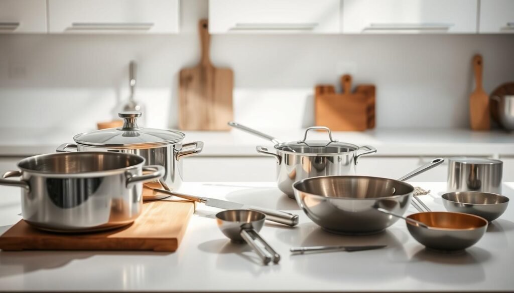 a well-lit modern kitchen countertop with a variety of stainless steel and ceramic cookware and utensils neatly arranged, including a large pot, a skillet, a mixing bowl, a cutting board, a chef's knife, a ladle, and a whisk, all casting soft shadows on the clean, smooth surface, with a minimalist aesthetic and a sense of order and functionality